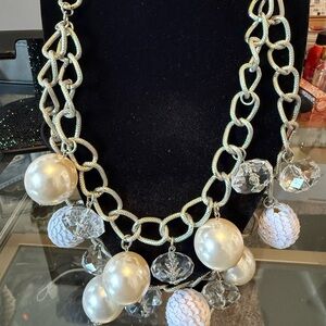 Silver Chain Necklace w/ Pearl & Crystal Charms
